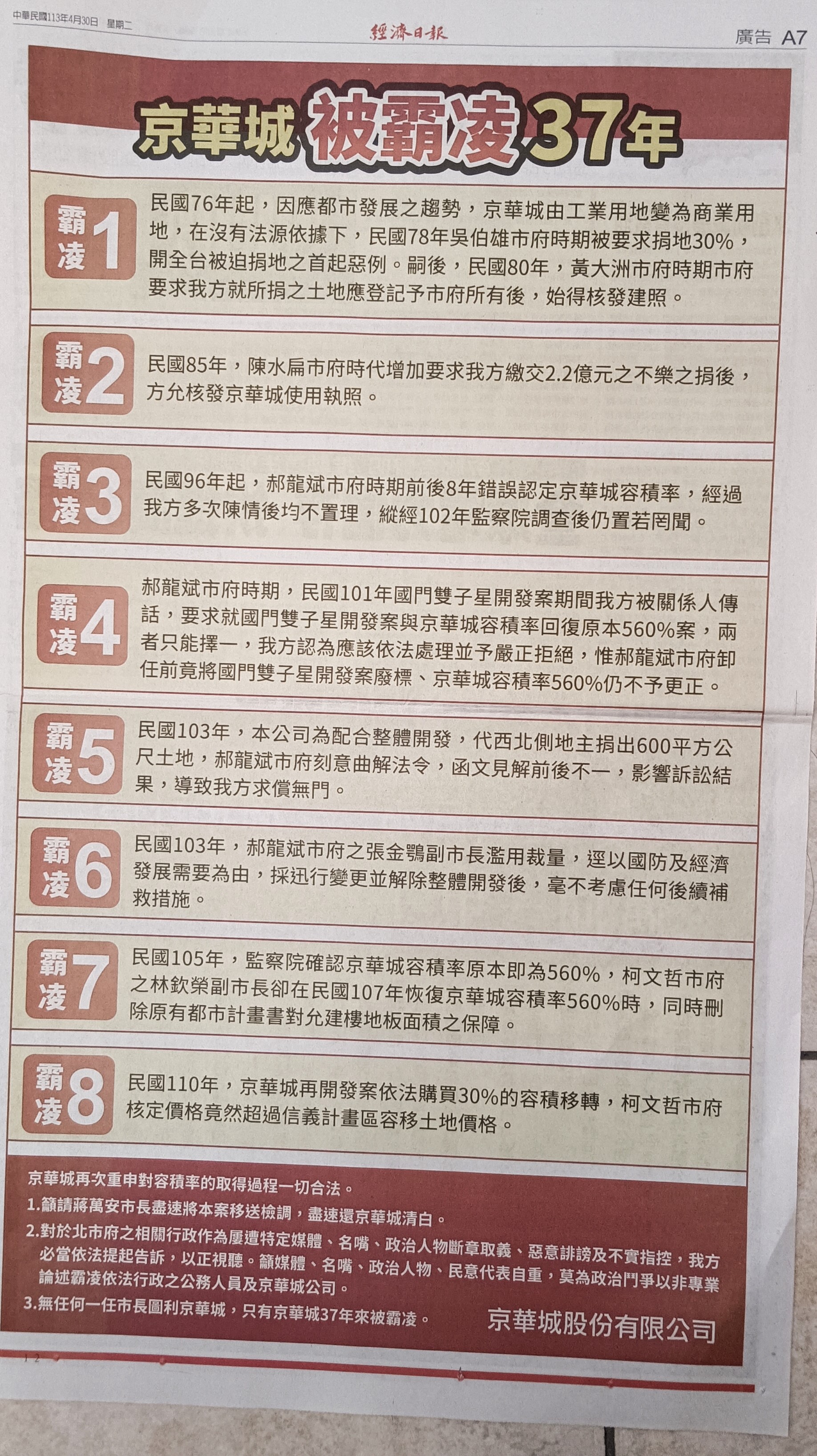 京華城刊廣告控訴被霸凌37年：歷任台北市長吳伯雄、黃大洲、陳水扁、郝龍斌、柯文哲的容積率之爭